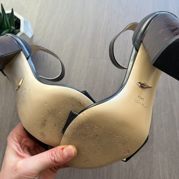 Diane Von Furstenberg Black Leather Sandals with Tortoiseshell Heel Detail - Picture 7 of 13